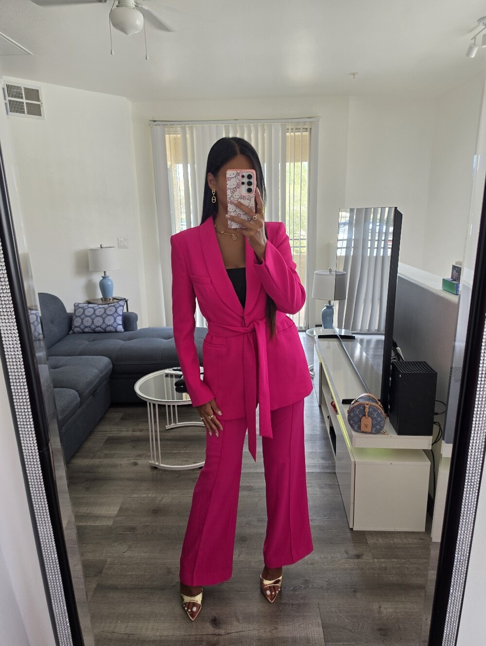 Women’s Fuchsia Belted Blazer & Wide-Leg Pants Set